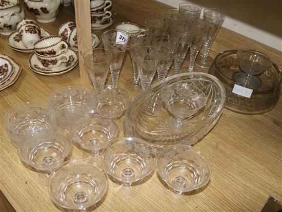 A suite of Stuart etched glasses finger bowls and two cut glass vases